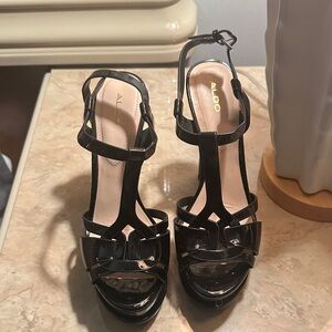 Aldo Glossy Black Strappy Heels